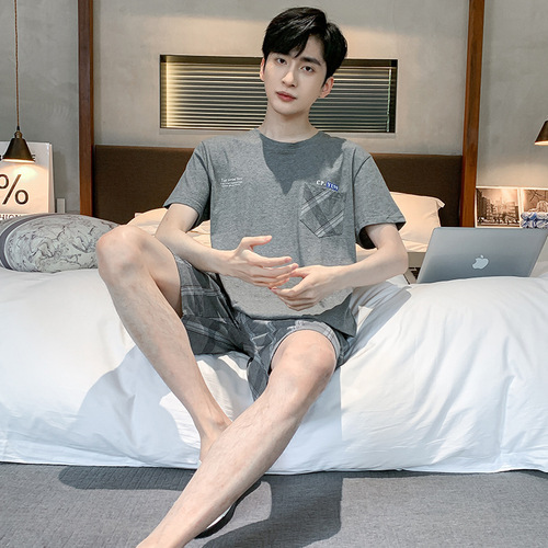 Summer men's short-sleeve pajama set, thin cotton casual plus-size youth home clothes, men's loose set for summer