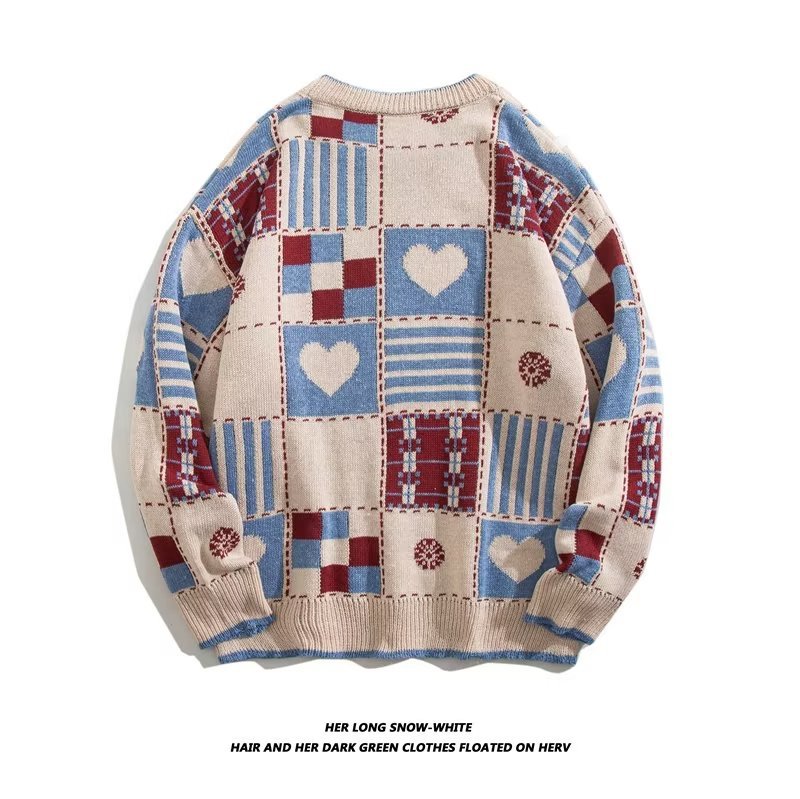 Men's Retro Plaid Heart Pattern Crew Neck Sweater For Men_voghion.com