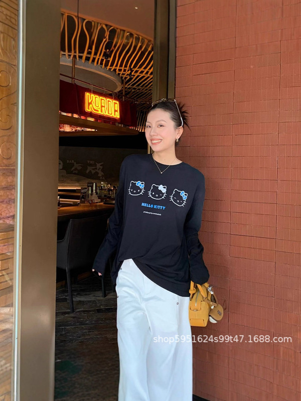 现货发！25新款猫咪印花蝴蝶结带钻长袖T恤上衣女|undefined
