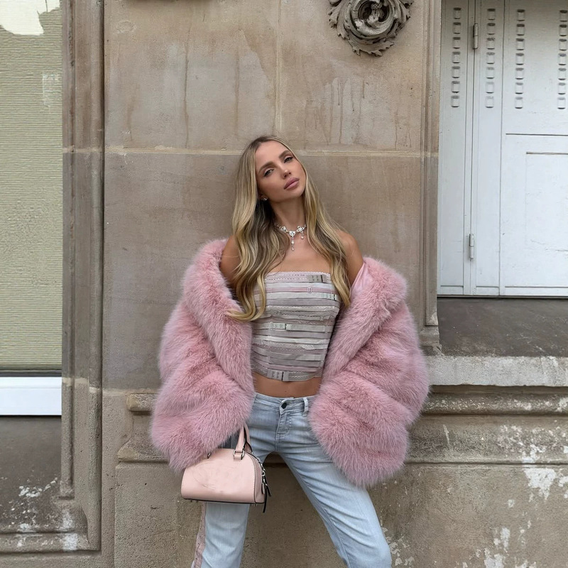 Amazon Cross-Border European and American Style Hooded Pink Fox Fur Coat Fashionable Cardigan Eco-Friendly Fur Coat for Women