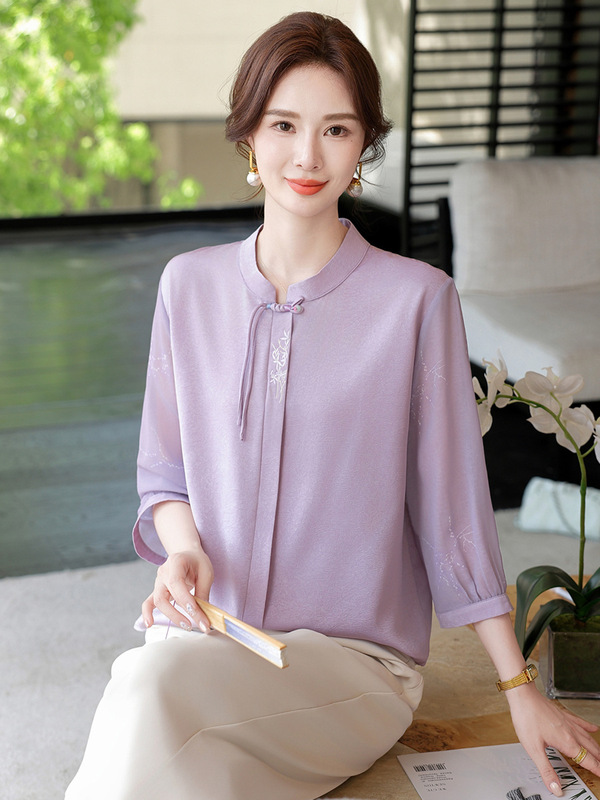 新中式妈妈装上衣2025秋季刺绣国风中袖小衫大码中老年女装衬衣|undefined