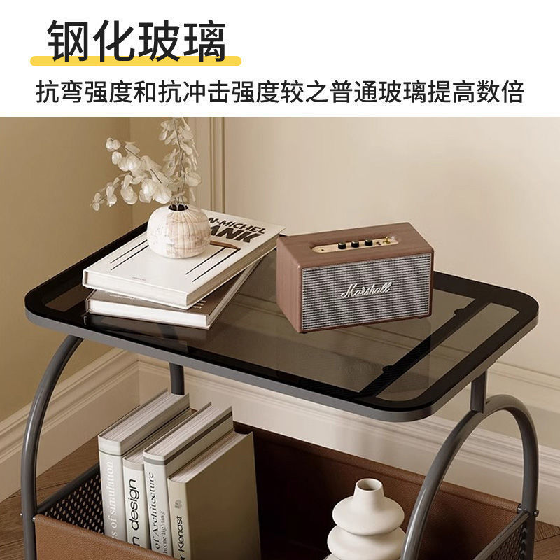 Side Table Movable Living Room Sofa Side Cabinet Bedroom Bedside Table Balcony Small Table Cream Style Glass Wheeled Coffee Table
