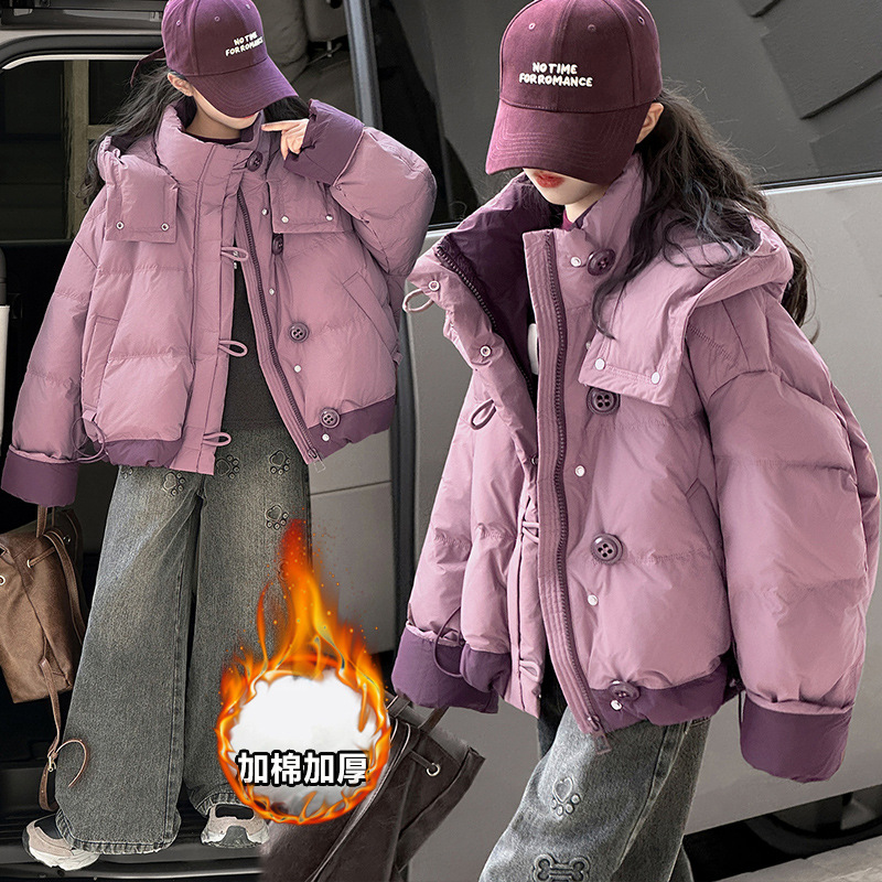 女童洋气撞色拼接紫色棉服外套连帽韩版宽松2025新款中大童面包服
