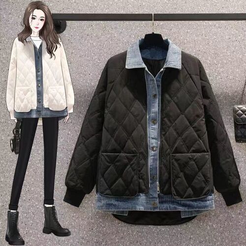 Design Women's Loose Fleece Jacket with Denim Patchwork and Herringbone Pattern, Stylish Outerwear for 2025 Autumn/Winter, Plus Size