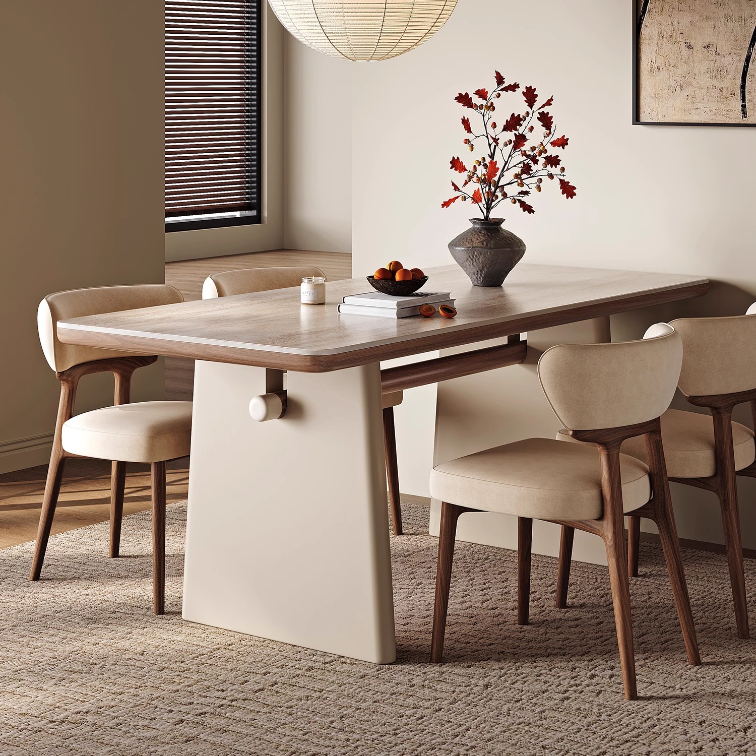 Cream-Colored Wind Tunnel Stone Slab Solid Wood Dining Table and Chair Set for Home Use in 2025, Small Apartment Coffee Table, French-Style Rectangular Dining Table