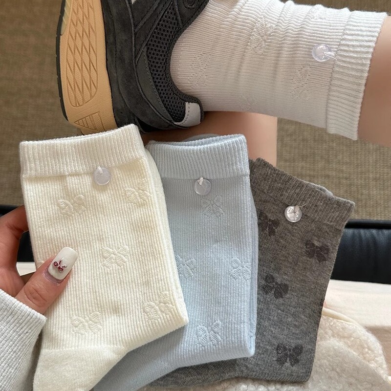 Bow button socks women's spring and autumn mid-length socks cotton yarn piled socks white gray slim stockings