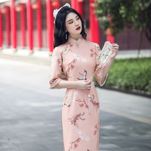 Chinese dresses for women retro pink floral Cheongsam girl improved version cheongsam pearl retro daily mid-length cheongsam