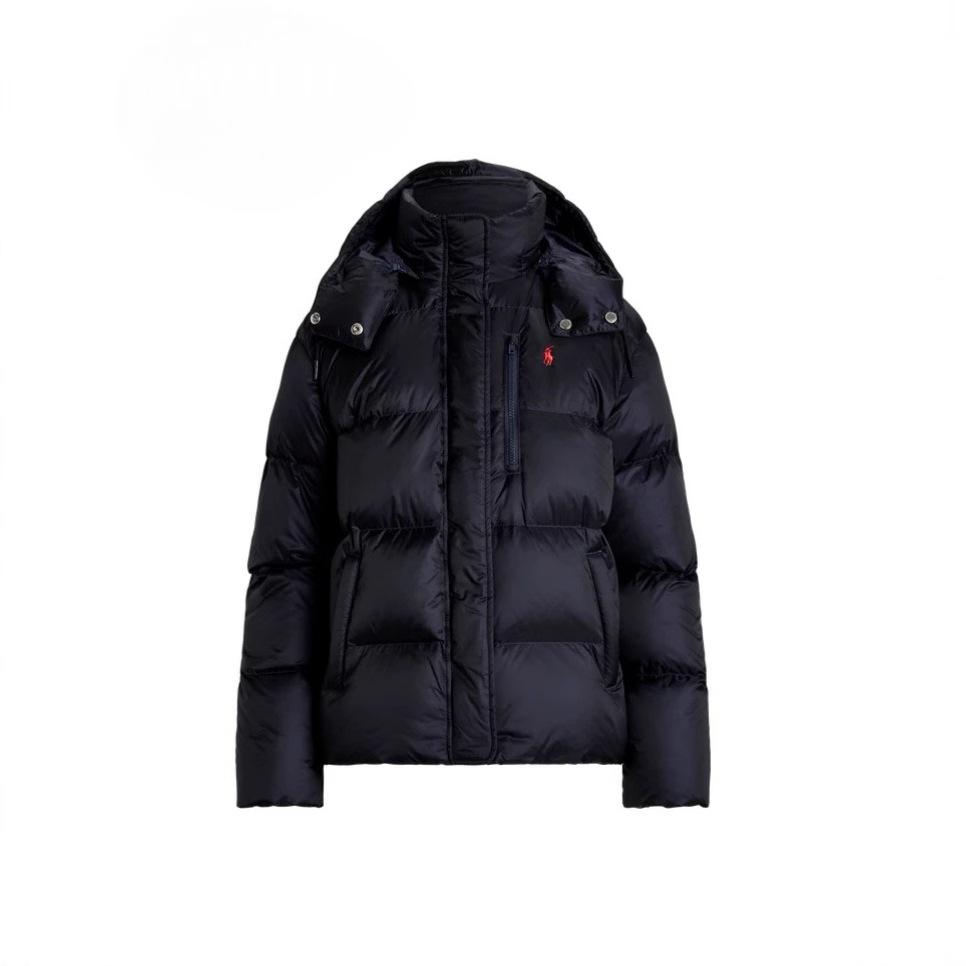 Rl/2025/Women's Loose Version Classic down Jacket Embroidery down Jacket Women's Plaid Navy Blue Detachable Cap