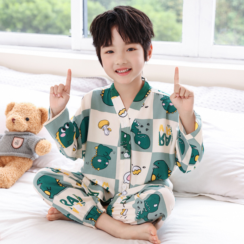 Summer Kidsren's Cotton Silk Pajamas Set Boys and Girls Cardigans Boys Little Girls Baby Thin Cotton Silk Home Clothes