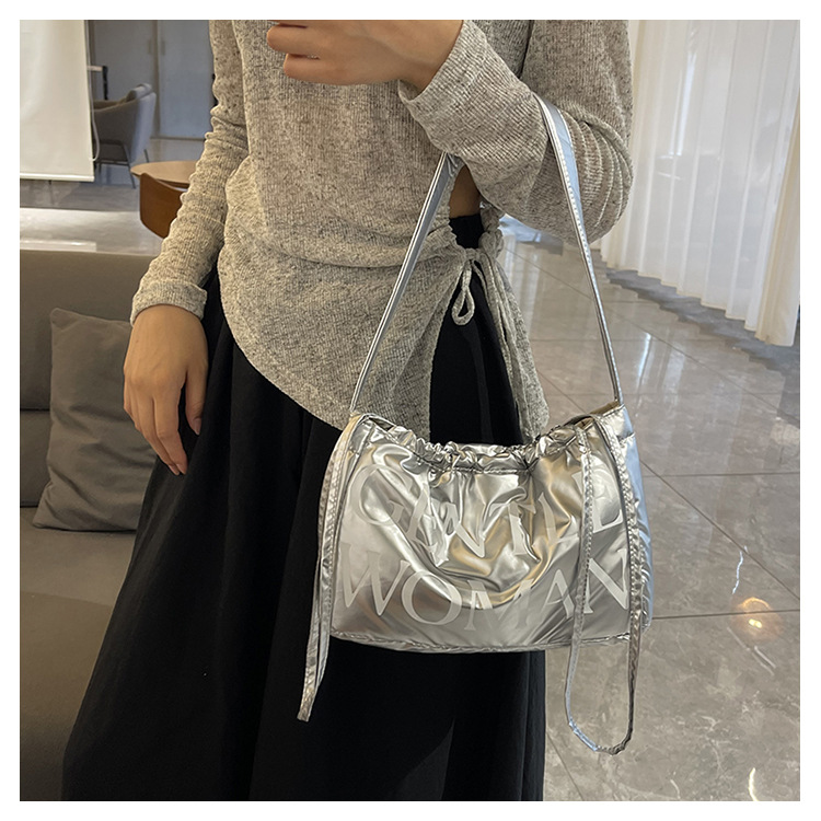 Candy colored new letter printed drawstring shoulder niche design dumpling women's armpit bag_voghion.com