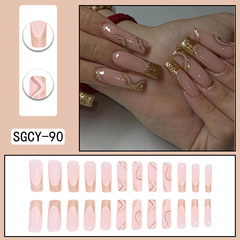 Long-Style Water Pipe French Nails with Gold Glitter Lines – European & American Wearable Nail Tips for Exported Beauty Nails