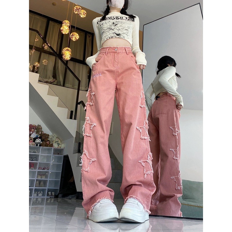 Реже цена! Нишевый дизайн чувство звезды меха модные джинсы с высокой талией грушевидные прямые свободные широкие брюки