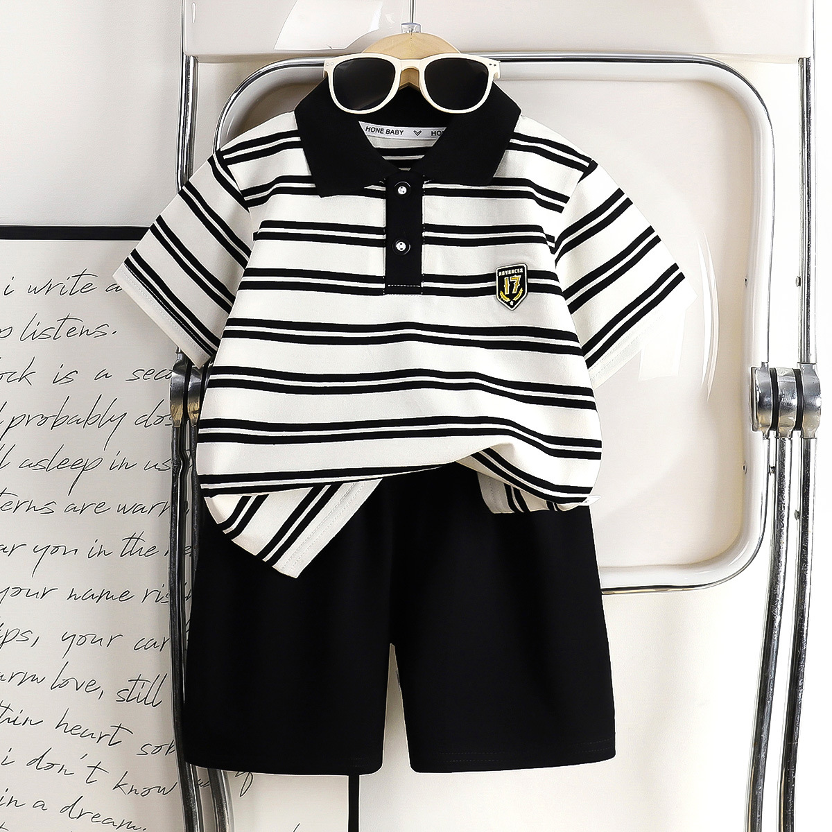 Summer new boys lapel striped short sleeve suit boys baby casual sports shorts two-piece children's clothing wholesale