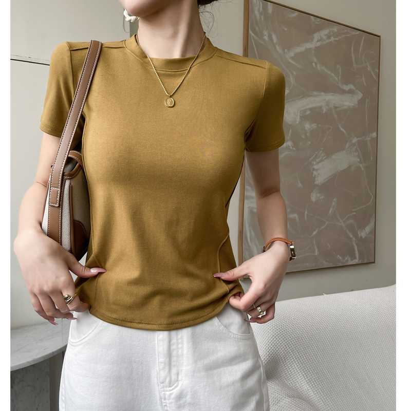 Q popular 280G modal hombro derecho espina de pescado cuello redondo Camiseta ajustada de manga corta para mujer verano 2024 top suelto