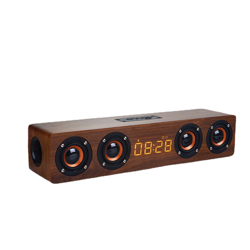 Wooden Bluetooth Speaker with Four Speakers, Clock Alarm, Desktop Subwoofer, Home Use, Long-Shape Soundbar, HiFi High-Performance Audio System