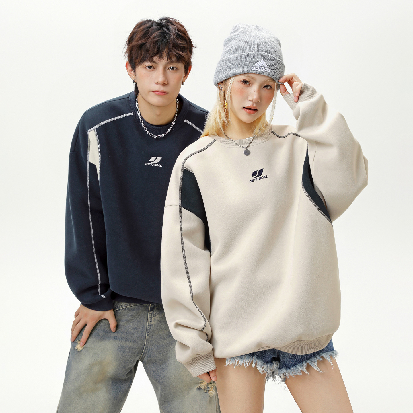 重磅复古撞色拼接圆领卫衣男女情侣秋季款质感刺绣廓形宽松套头衫