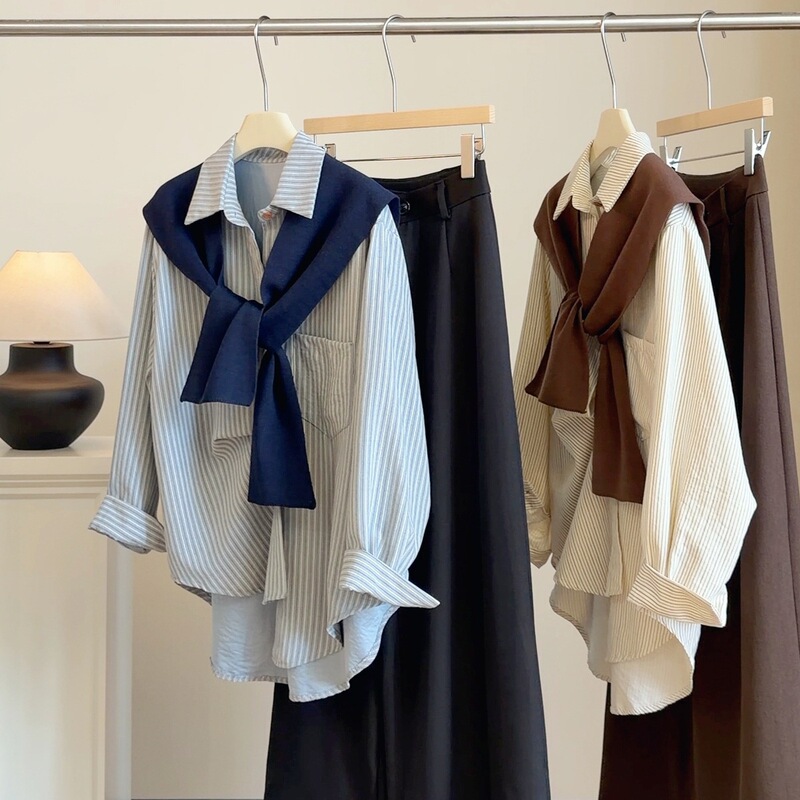 Korean-style polo collar knitted shawl striped shirt for women, new early autumn college style loose versatile blouse Korean-style polo collar knitted shawl striped shirt for women, new early autumn college style loose versatile blouse