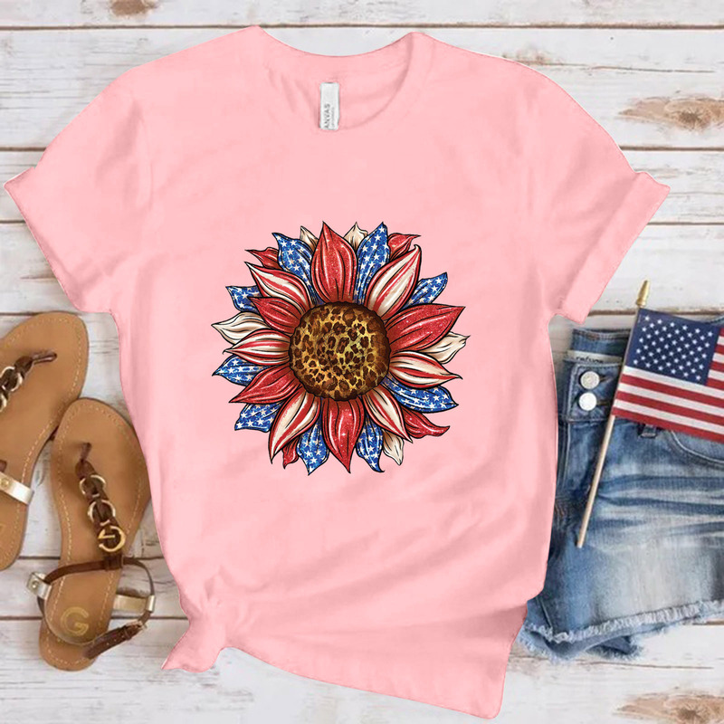 2024 Summer foreign trade independence day sunflower printing US 74th fashion short sleeve T-shirt men and women same style