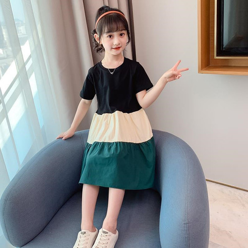Girls' Summer Dress 2024 New Arrival Patchwork Skirt Big Kids Summer Outfit Trendy Fairy Short-Sleeve Princess Dress
