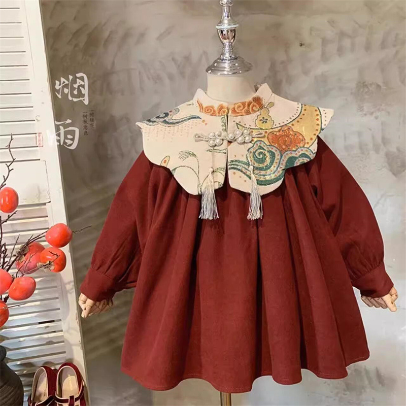 Niñas invierno bordado vestido de hombro nublado vestido de Año Nuevo vestido rojo vestido de Año Nuevo chino vestido de princesa infantil