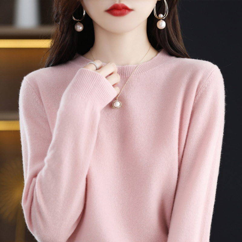 Nuevo otoño temprano cuello redondo 100 suéter de lana de las mujeres de moda simple flojo adelgazar punto manga larga que basa la camisa suéter de las mujeres