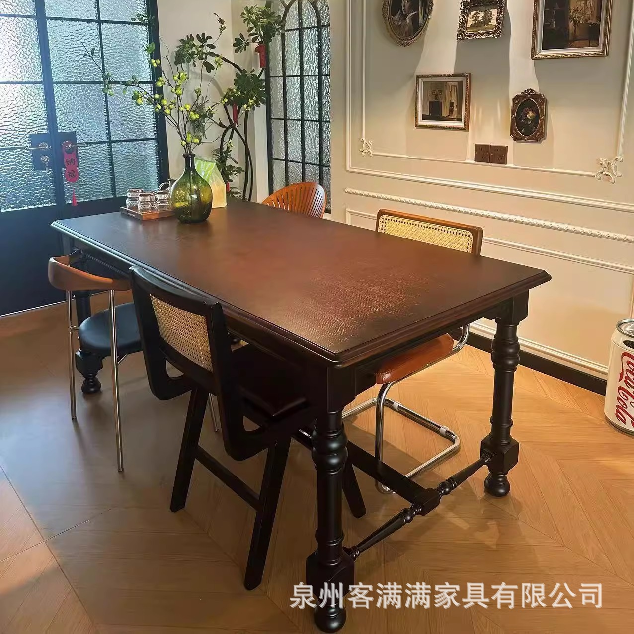 French Solid Wood Dining Table, Medieval Black Nanyang Style Retro Home Long Table, American Country Villa Rectangular Dining Table
