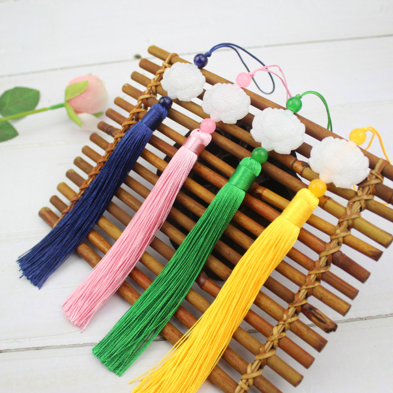 Imitation White Jade Lotus Fan Tassels, Ancient Chinese Hanfu Collar Tassels, Fan Pendants with Chinese Knot Tassels