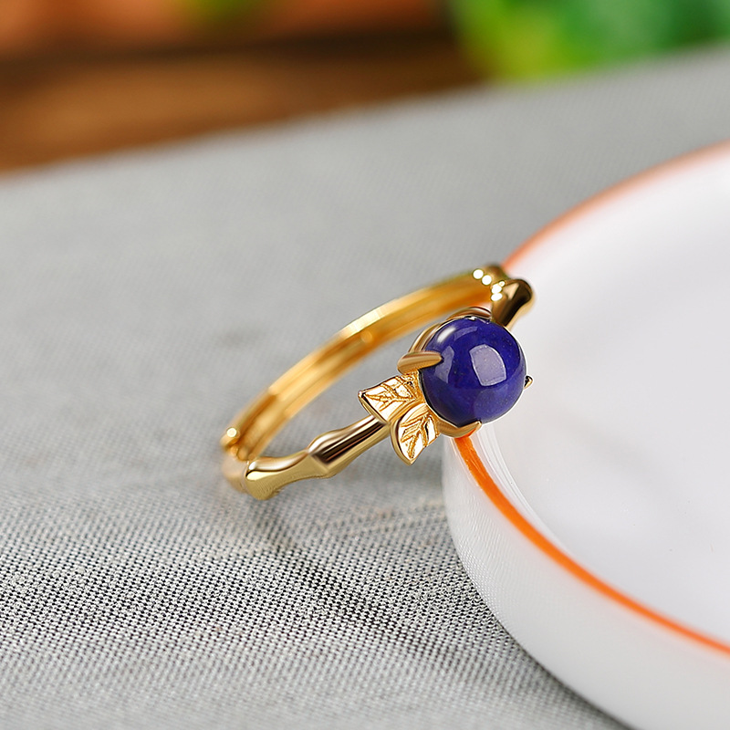 Nhẫn bạc S925 mạ vàng đính đá Lapis Lazuli hạt tròn phong cách cổ điển — Mở (một kích thước)