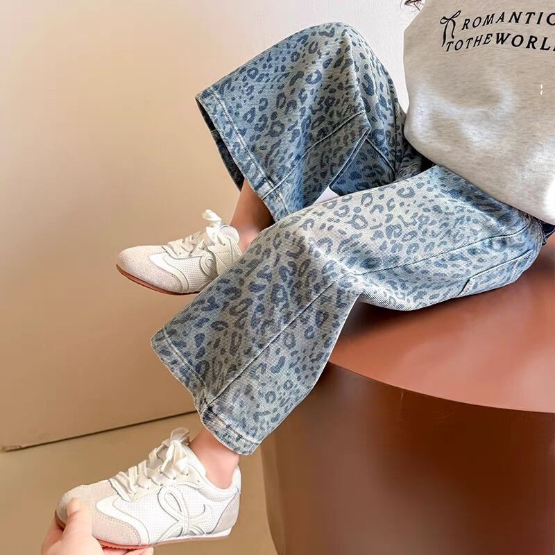 Girls' Pants 2025 New Kidsren's Spring Clothing Spring and Autum Fashionable Jeans Baby Girl Leopard Print Wide Leg Pants
