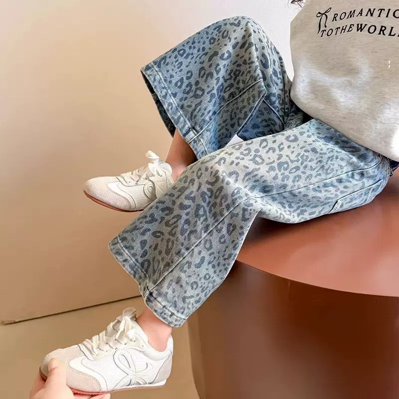 女童裤子2025新款儿童春装春秋季洋气时髦牛仔裤女宝宝豹纹阔腿裤