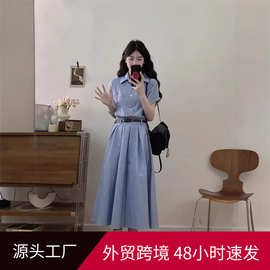 大码法式蓝色条纹衬衫连衣裙夏季胖MM文艺复古POLO领显瘦收腰长裙