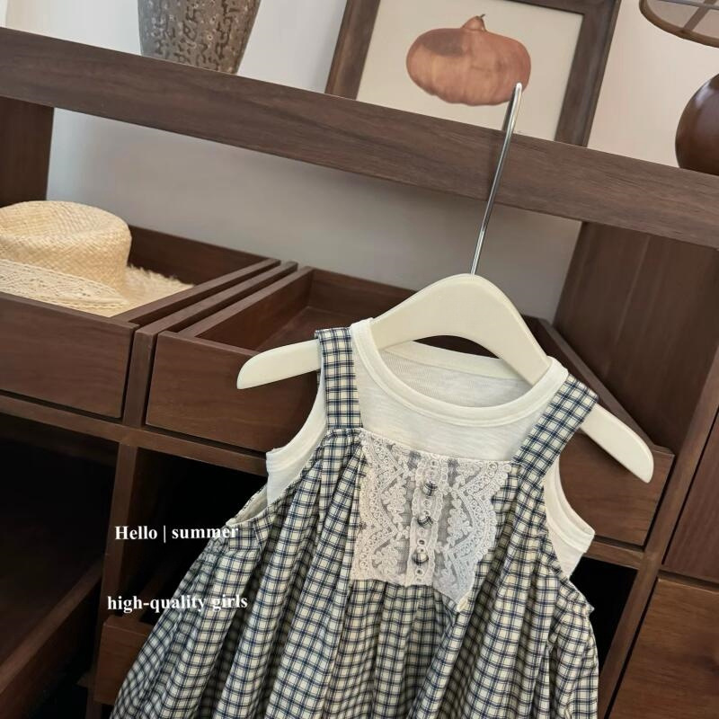 Qianqi niñas ropa infantil de mujeres Baoshan encaje suelto estilo extranjero pantalones de alta gama chaleco a cuadros