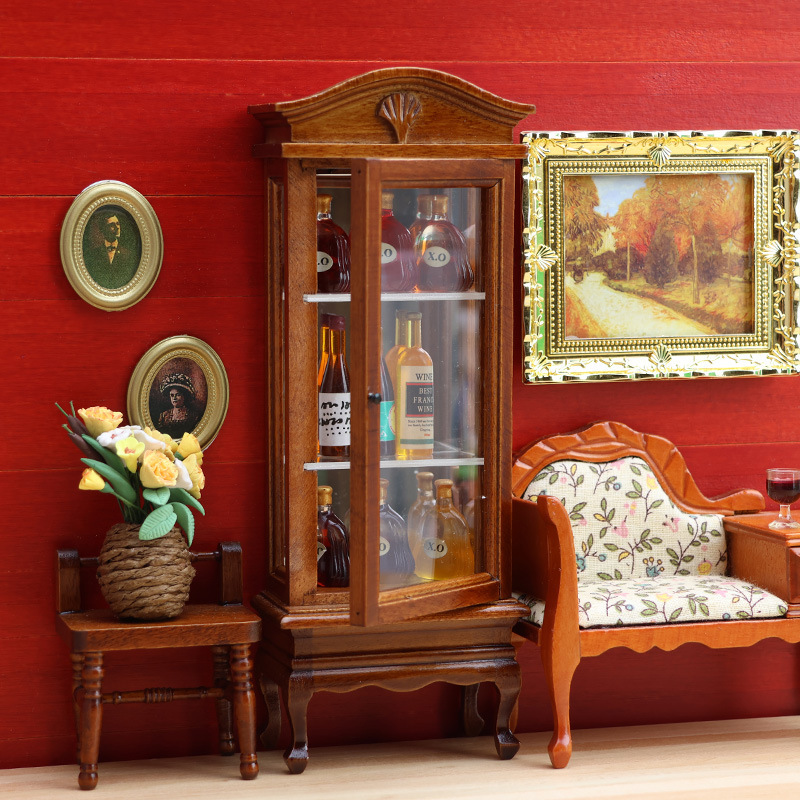 1:12娃娃屋DOLLHOUSE迷你家具微缩食玩木质栗色弧顶展示收纳柜子|undefined