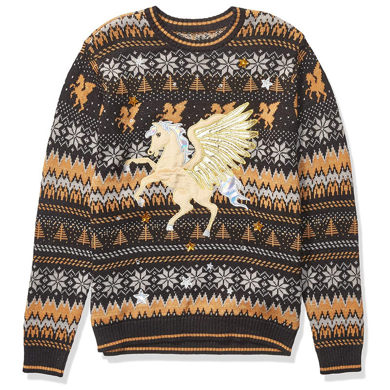 Cross-Border European and American Men's Unicorn Cartoon Knitted Pullover Sweater Loose Pullover Holiday Christmas Sweater Customization