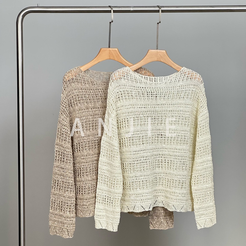Casual Off-Shoulder Hollow-Out Pullover Knit Sweater 26 Spring New Lazy Style Crochet Vacation-Style Loose Cotton Cover-Up