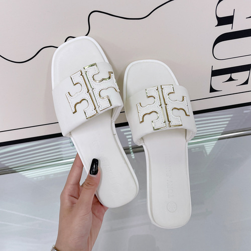 Women's Leather Slip-On Slippers  New Style European and American Brand Slippers Cross-Border