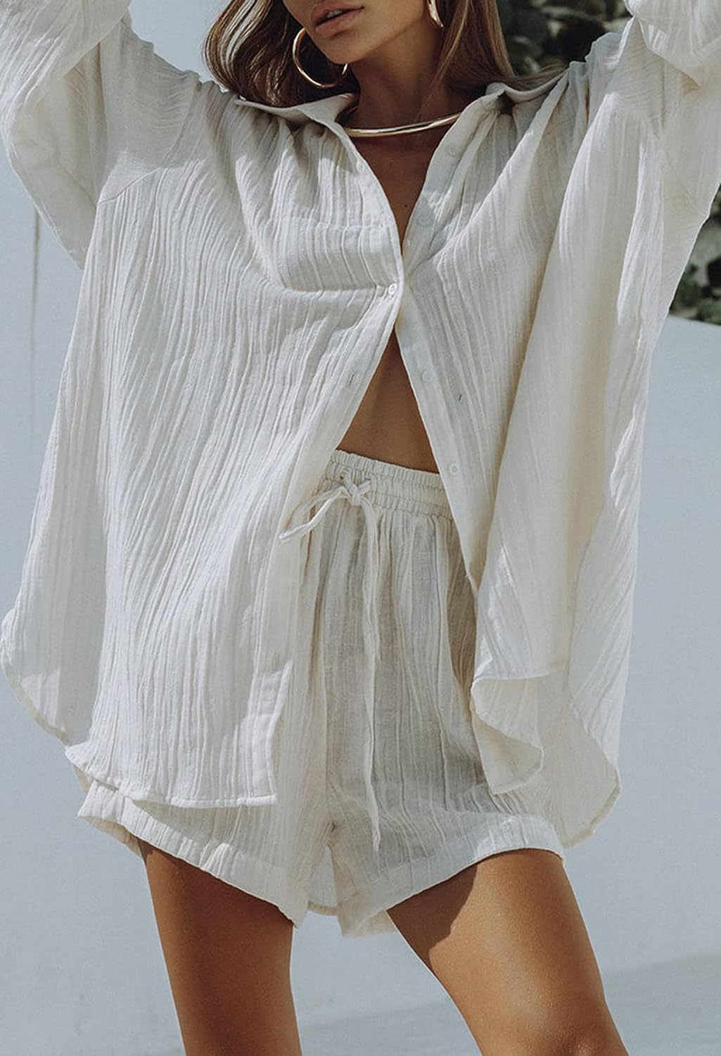 European American Style Women's Casual Two-Piece Set 2023 Summer New Long Sleeve Shirt Top And Shorts Sports Suit_ecoleips.com