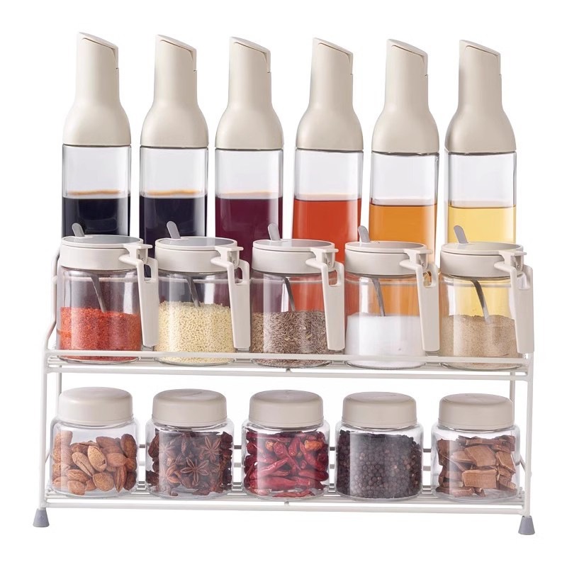 Caja de condimentos de cocina gran conjunto de botellas de condimentos almacenar estante de vidrio sellado botella de condimentos combinación de crema blanca