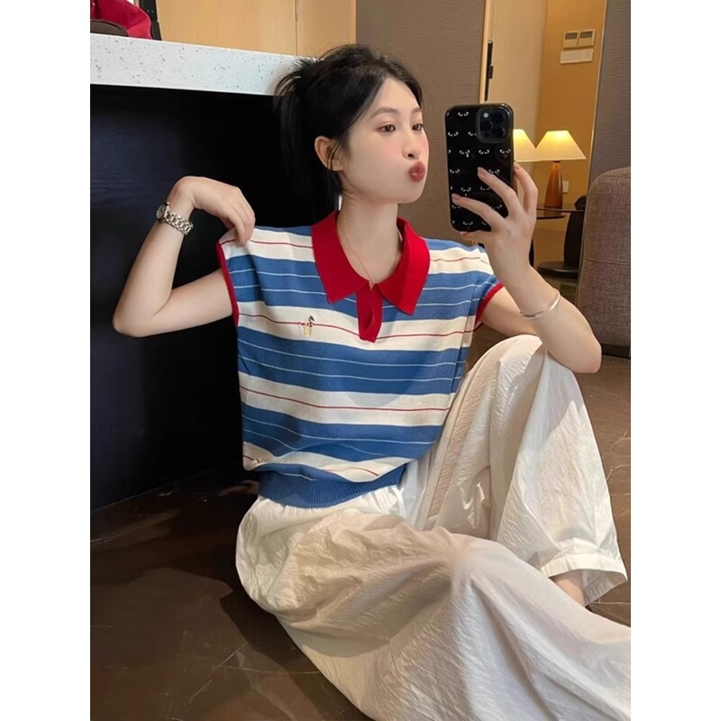 Contrast Color Stripesd Polo Shirt Lapel Small Flying Sleeve Knitted T-Shirt Women's Summer Design Age-Reducing Embroidered Loose Top