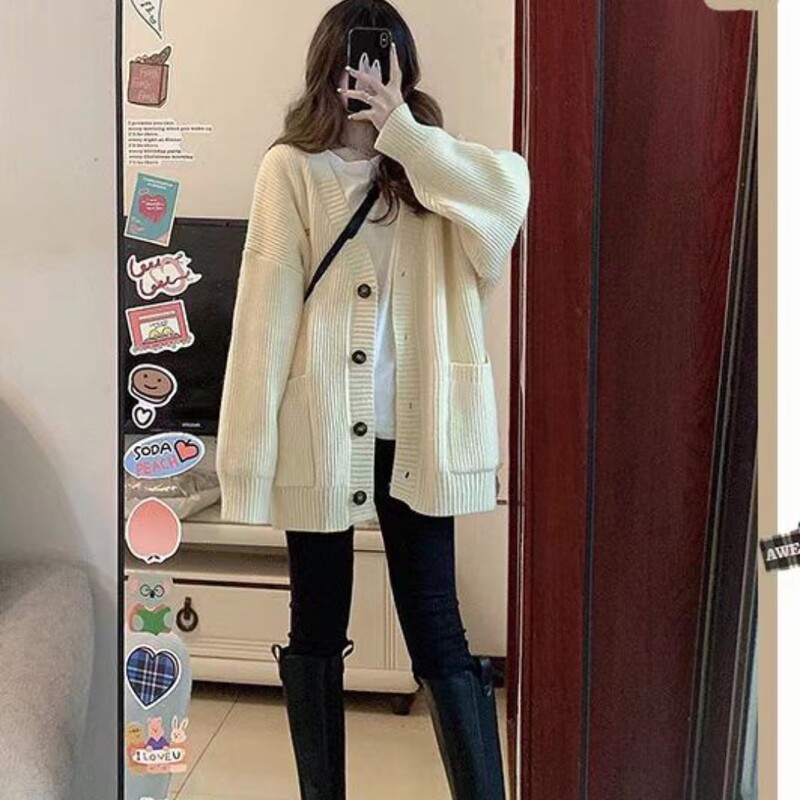 欧美跨境2025秋冬新款纯色毛衣女开衫外套宽松气质服饰针织衫上衣|undefined