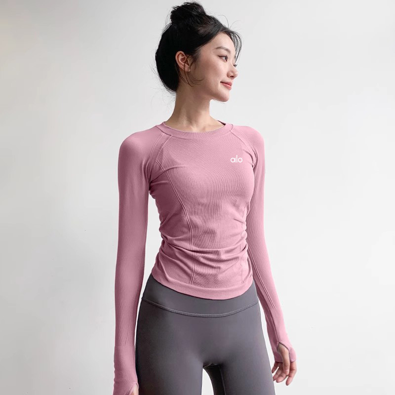 Alo American Quick-Drying Yoga Clothes for Women, Round Neck, Tight-Fitting, Slimming in Autumn, Running, Sports, Pilates, Fitness Long-Sleeved Tops