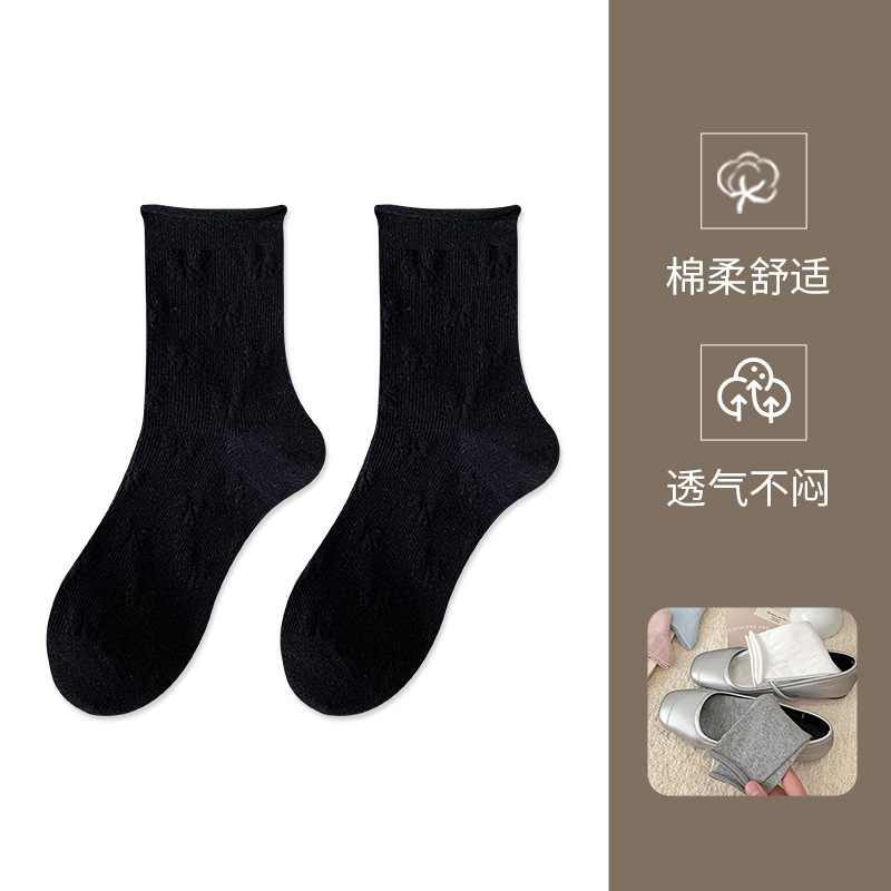 立体浮雕蝴蝶结卷边袜子女纯棉秋冬25年新款日系芭蕾风中筒堆堆袜|undefined