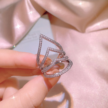 日韩银戒指女款 镶钻双层玫瑰金网线条简约指环 厂家直播货源