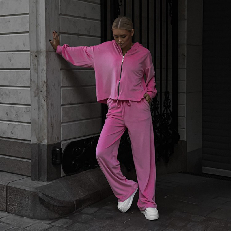 2025 European And American Foreign Trade Casual Autumn Women's Solid Color Sleeve Cardigan Hooded Top Sports Long Pants_ecoleips.com