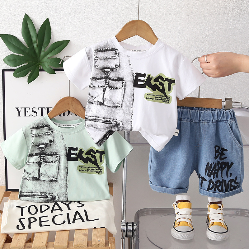 Cool and Handsome Little Boy Summer Clothes Wholesale 2026 Summer New Fashion Boys Casual Round Neck Shirt Short-Sleeved Suit