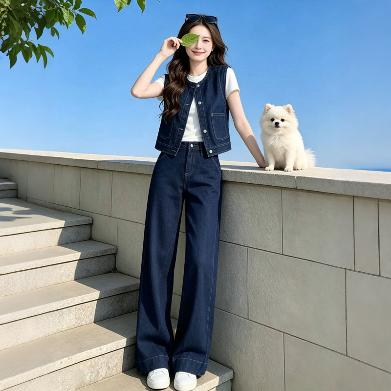 2026 Super Trendy and Beautiful Summer Outfit for Women, Korean Style Age-Reducing Denim Vest Top and Wide-Leg Pants Two-Piece Set 2026 Super Trendy and Beautiful Summer Outfit for Women, Korean Style Age-Reducing Denim Vest Top and Wide-Leg Pants Two-Piece Set