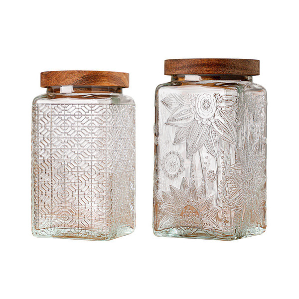Retro embossed square glass sealed jar acacia wood lid food storage…
