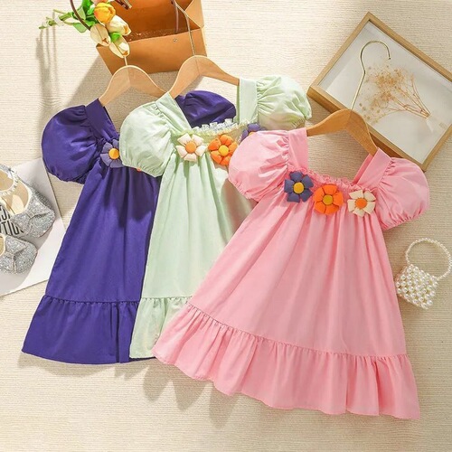 Baby Summer Dress for Girls, Cute Children's Personalized Trendy Korean Style 3D Flower Puff Sleeve Princess Dress