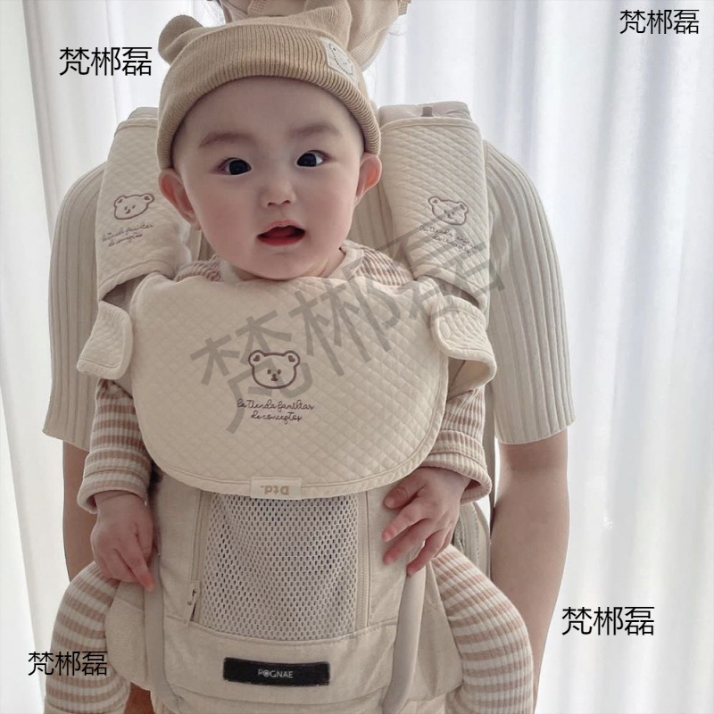 Korean Ins Style Infant Sling, Outing Waist Stool, Chewing Towel, Saliva Towel, Plaid Cotton Embroidered Bear, Multifunctional