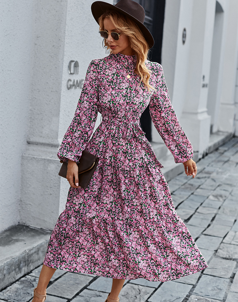 bohemian lace-up large swing long-sleeved floral dress nihaostyles wholesale clothing NSDY85987